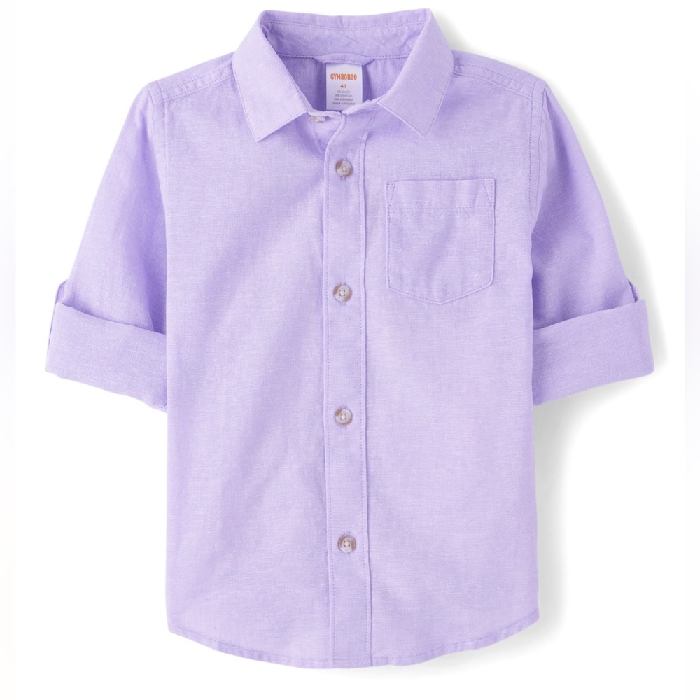 Gymboree Boys 5T Lavender Linen Blend Roll Tab Button Down Shirt NWT